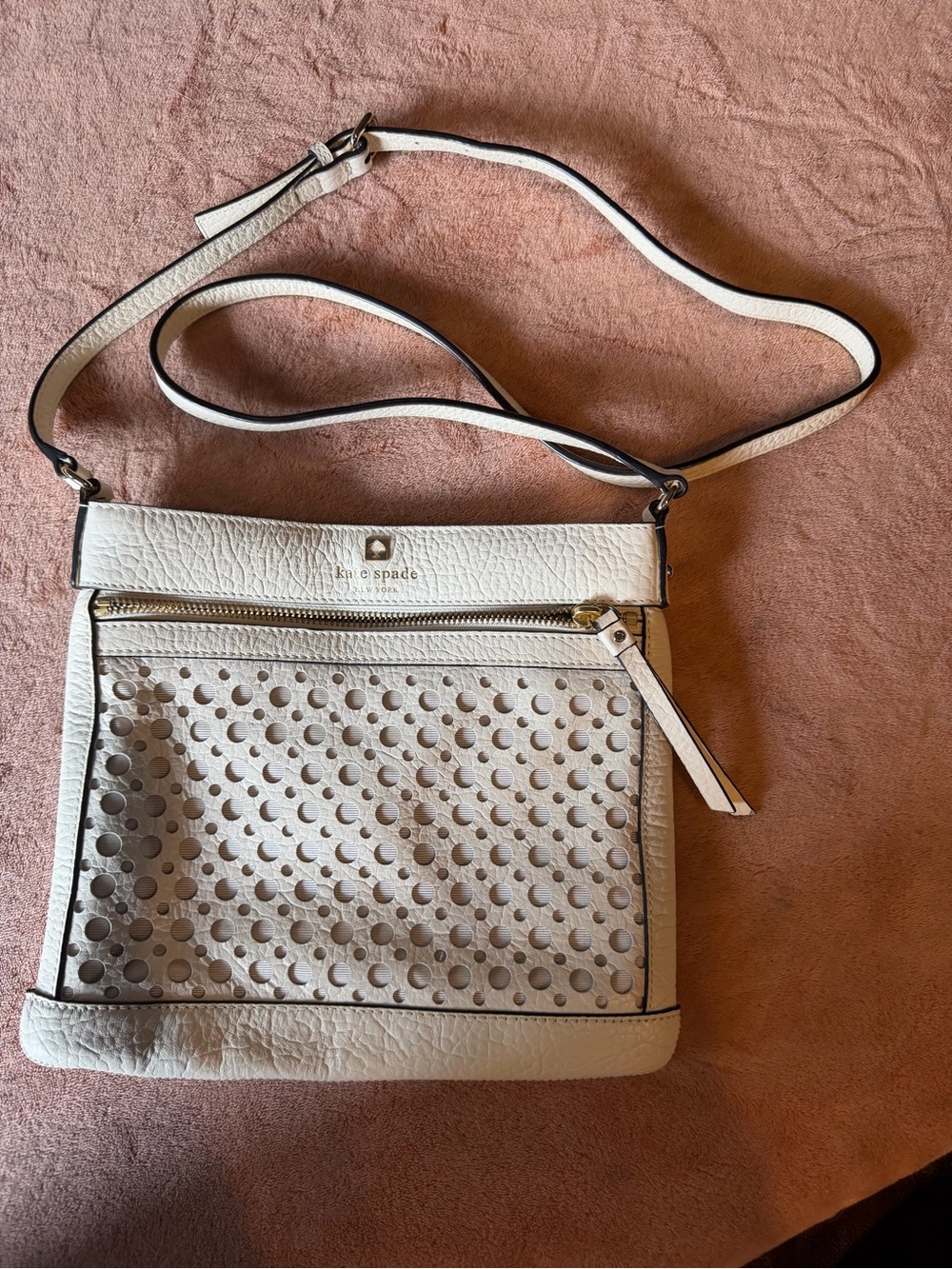 kate spade White Leather Perforated Crossbody Bag with Gold Hardware